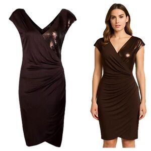 Ted Baker London Brown sequin wrap dress ruched draped short cap Sleeve US4